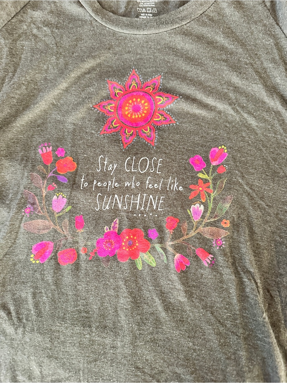 NATURAL LIFE Gray Short Sleeve Tee with Pink Floral Sunshine Graphic - Picture 2 of 4
